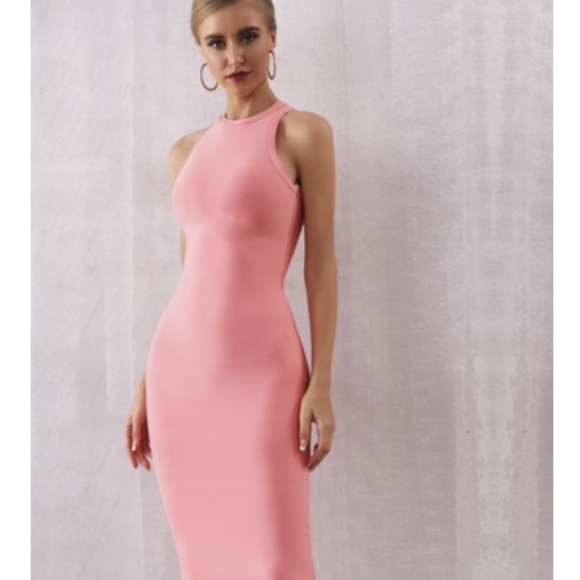 NEW! PINK PEACH CORAL HIGH NECK BANDAGE DRESS - Picture 12 of 14